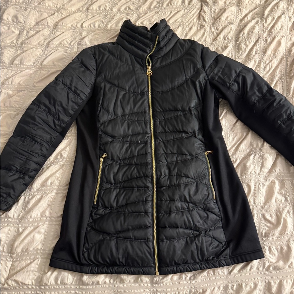 MICHAEL Michael Kors Black Puffer Jacket with Gold Accents